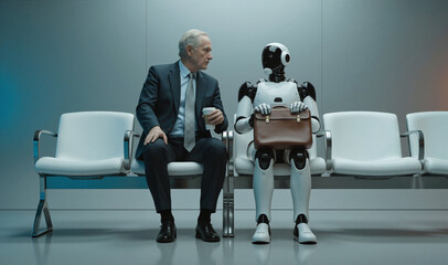 Artificial intelligence robot job interview against a human candidate, career, job search, ai