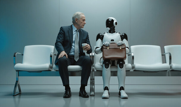 Artificial intelligence robot job interview against a human candidate, career, job search, ai