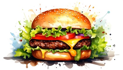 Watercolor illustration of a juicy burger (2)