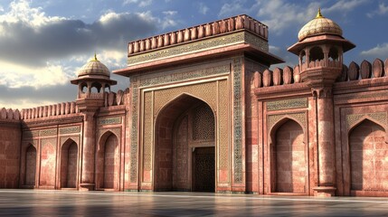 Fototapeta premium Majestic Agra's Red Fort Gateway: Architectural Marvel of Mughal India