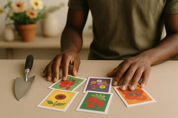 Fototapeta premium Young gardener organizing seed packets with colorful botanical illustrations on table, preparing for planting season indoors