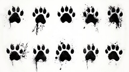 Grunge paw prints arrayed across a white canvas, creating a playful yet distressed texture