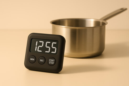 Digital kitchen timer showing 1255 next to stainless steel saucepan on light surface, essential cooking tool for precise timing