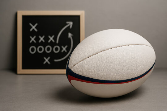 Rugby ball resting on surface with tactical play diagram on chalkboard in background, strategic planning for team sports game