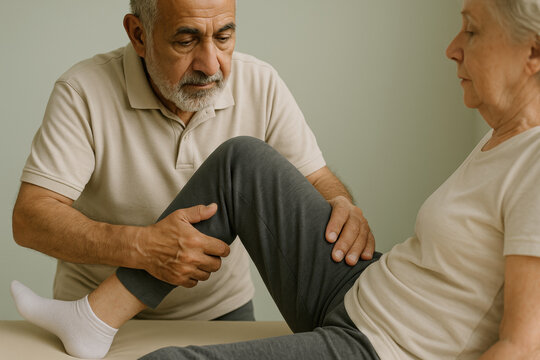 Senior man assisting elderly woman with knee rehabilitation exercises for improved mobility and physical therapy recovery