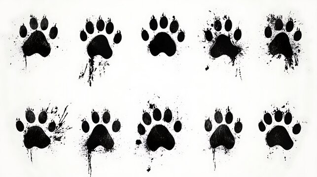 Grunge paw prints arrayed across a white canvas, creating a playful yet distressed texture