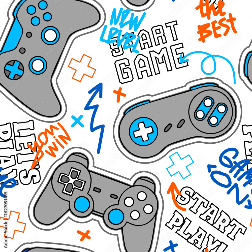 Poster seamless abstract pattern with joysticks game and words. сolorful vector print for boys on white bac