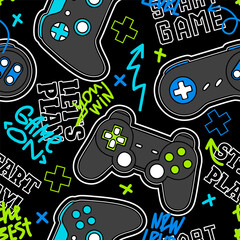 Seamless abstract pattern with joysticks game and words. Bright colorful vector Print for boys on black background © artlavi_design