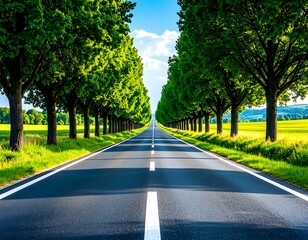 Country road, green trees, sunlight