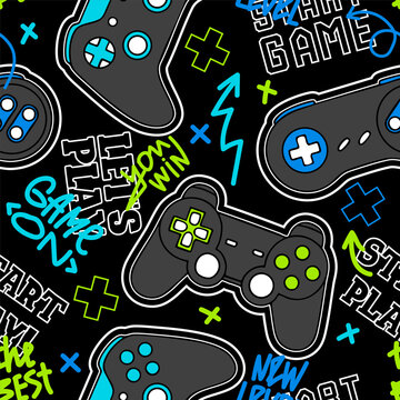 Seamless abstract pattern with joysticks game and words. Bright colorful vector Print for boys on black background