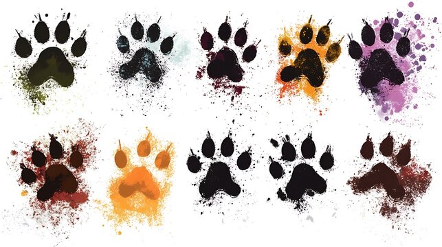 Colorful array of paw prints with artistic splatter effect on a light backdrop