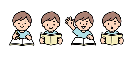 学習をする色々な表情の男の子のイラスト素材