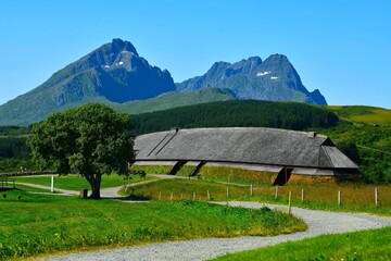 Reconstructed long-house at Lofotr Viking Museum - a historical museum based on a reconstruction...