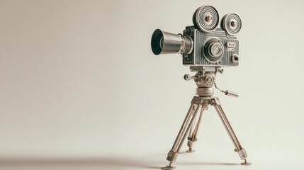 Vintage movie camera on tripod against plain background