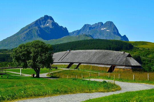 Reconstructed long-house at Lofotr Viking Museum - a historical museum based on a reconstruction and archaeological excavation of a Viking chieftain's village on the island of Vestvågøya (Lofoten)