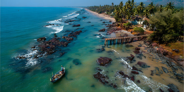Aerial view of Kihim beach in Alibag, Maharashtra with a fisherman's boat at the jetty, Kihim beach, Alibag