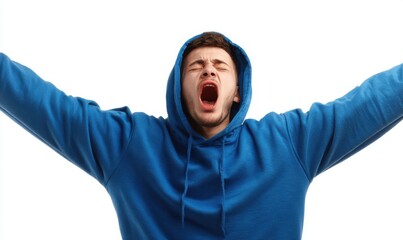 Yawning man in a royal blue hoodie