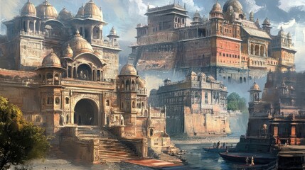 Majestic Indian Palaces by the River: A Digital Painting
