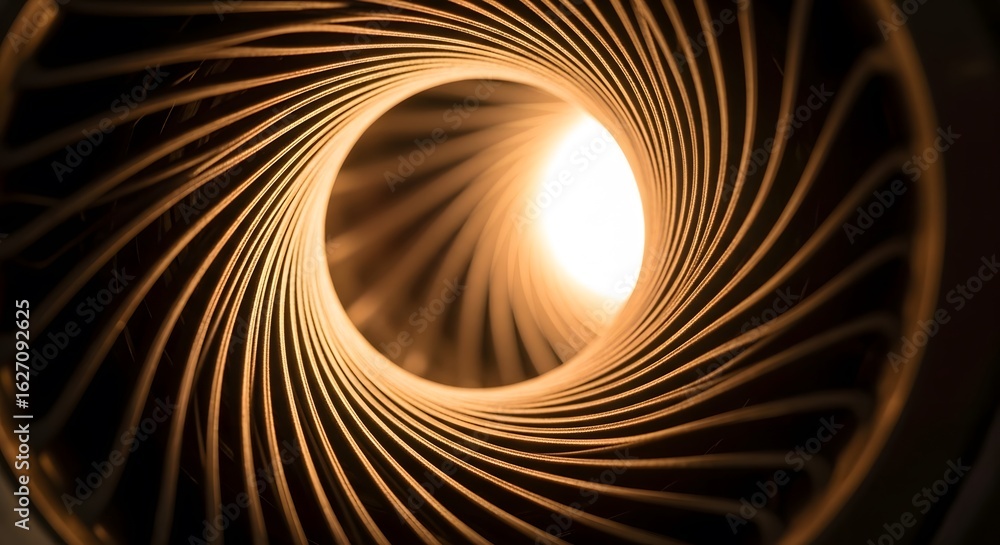 Poster close-up shot of a spiraling metallic structure illuminated by a bright central light source. the im