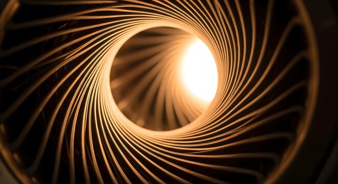 Close-up shot of a spiraling metallic structure illuminated by a bright central light source. The image displays an intriguing pattern of lines and curves.