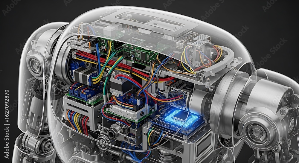 Poster cutting-edge robot's transparent body reveals intricate circuitry and luminous ai processor