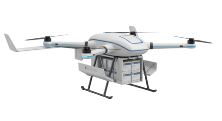 Detailed White Drone With Black Blades And Landing Gear Isolated On Transparent Background Showcasing Modern Design And High Technology For Delivery And Transportation