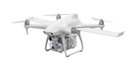 Detailed White Drone with Multiple Rotors and Futuristic Design on Transparent Background Ideal for Technological and Engineering Visuals