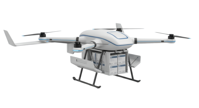 Detailed White Drone With Black Blades And Landing Gear Isolated On Transparent Background Showcasing Modern Design And High Technology For Delivery And Transportation