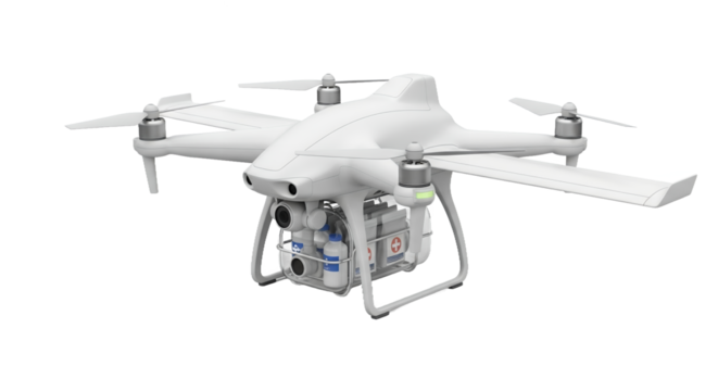 Detailed White Drone with Multiple Rotors and Futuristic Design on Transparent Background Ideal for Technological and Engineering Visuals