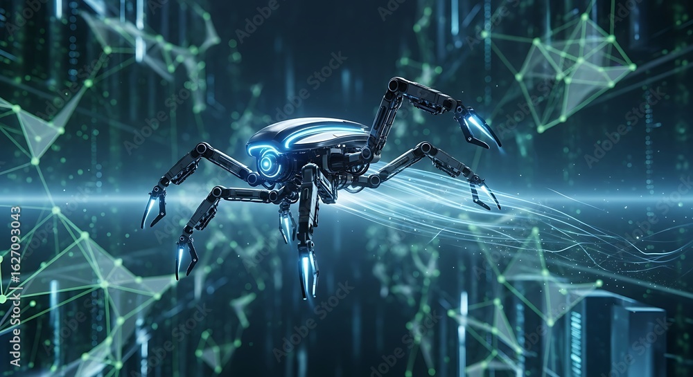 Poster cybernetic spider robot navigating digital network: futuristic ai concept