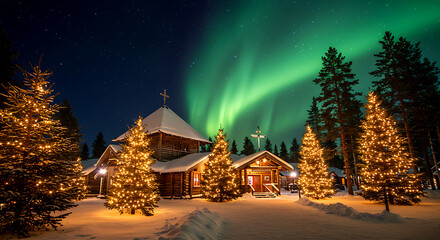 Premium Finland - March 5,   2026: Santa Claus Office in Santa Village with Christmas trees illuminated at night, Lapland, Finland, on Arctic Circle in winter.