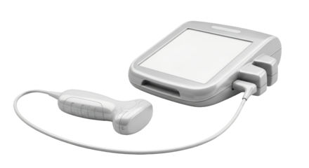 Detailed White Medical Ultrasound Device with Probe Cable and Screen Against Transparent Backdrop High Resolution 4K Render