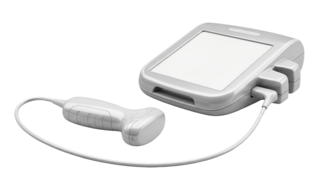 Detailed White Medical Ultrasound Device with Probe Cable and Screen Against Transparent Backdrop High Resolution 4K Render