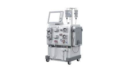 Dialysis Machine on Transparent Background Medical Equipment Featuring Digital Interface Fluid Bags and Multiple Connection Points in a Clean Isolated Render