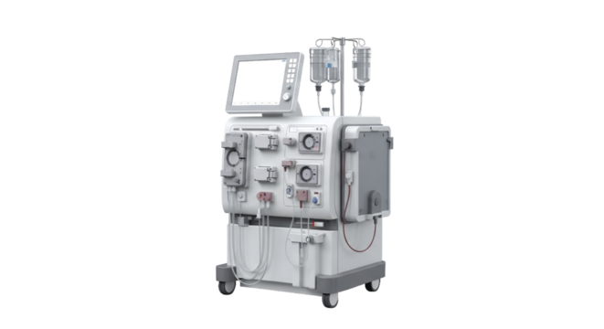 Dialysis Machine on Transparent Background Medical Equipment Featuring Digital Interface Fluid Bags and Multiple Connection Points in a Clean Isolated Render