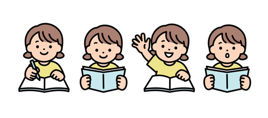 学習をする色々な表情の女の子のイラスト素材