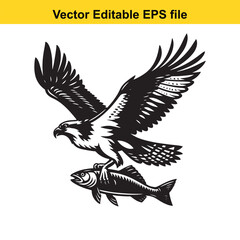 Fototapeta premium Vector art of eagle catching a fish isolated on white background long horn, , long horn