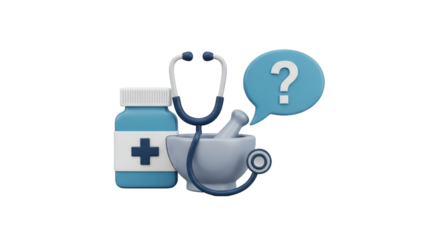 Digital Illustration Featuring Blue Medicine Bottle Stethoscope and Question Mark Speech Bubble on White Background