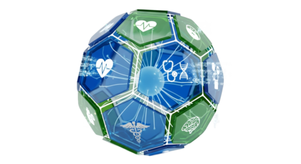 Digital Health Sphere 3D Render with Blue and Green Health Icons Connected by White Lines on Transparent Background