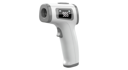 Digital Infrared Thermometer Showing Temperature Reading Isolated on Transparent Background for Medical and Health Related Concepts