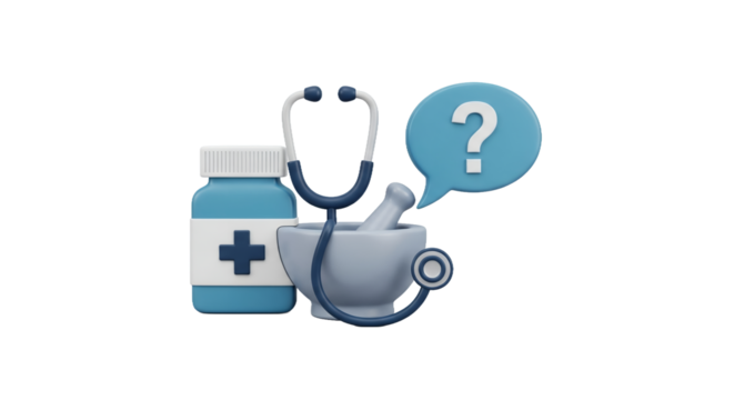 Digital Illustration Featuring Blue Medicine Bottle Stethoscope and Question Mark Speech Bubble on White Background