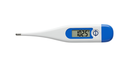 Digital Thermometer Displaying High Fever Temperature of 102 5 Degrees Fahrenheit with Blue Tip and White Body on a Transparent Background