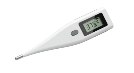 Digital Thermometer Displaying 37 Point 5 Degrees Isolated on Transparent Background Medical Equipment for Fever Diagnosis and Health Monitoring