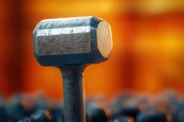 Close-up of a textured metal hexagonal dumbbell with a reflective surface against a warm blurred background creating a strong and focused mood