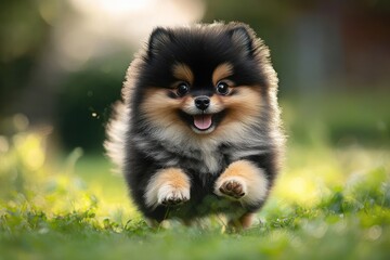 Obraz premium small fluffy black and tan puppy running happily on green grass with blurred background