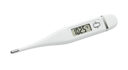Digital Thermometer on White Background Displaying High Temperature Reading Electronic Medical Equipment Shows Fever Condition