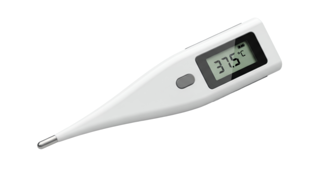 Digital Thermometer Displaying 37 Point 5 Degrees Isolated on Transparent Background Medical Equipment for Fever Diagnosis and Health Monitoring