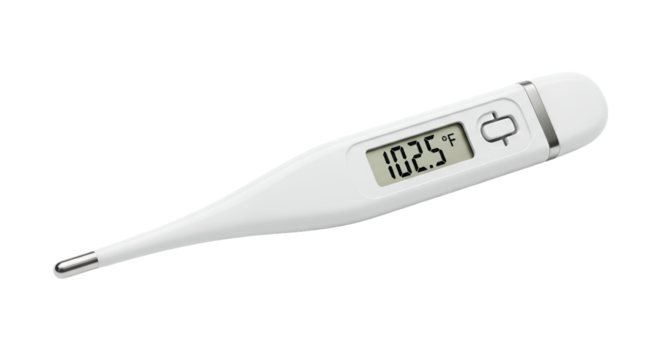 Digital Thermometer on White Background Displaying High Temperature Reading Electronic Medical Equipment Shows Fever Condition