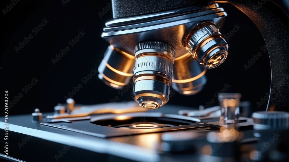 Poster Close-up view of a metallic microscope lens illuminated with warm lighting, showcasing intricate mechanical details and precision craftsmanship in a dark setting