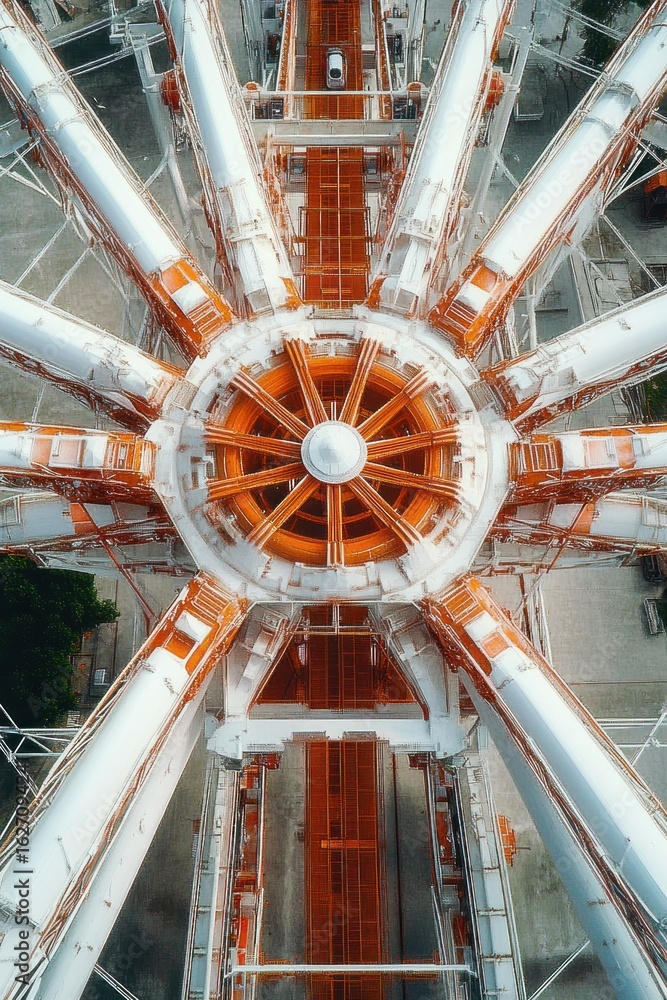 Poster aerial view of a large industrial structure with symmetrical white arms and orange mechanical compon